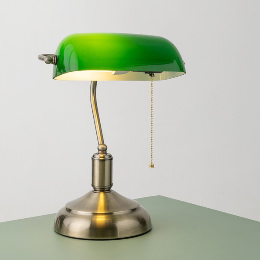 Vintage Banker E27 Brass Desk Lamps With Switch Green Glass